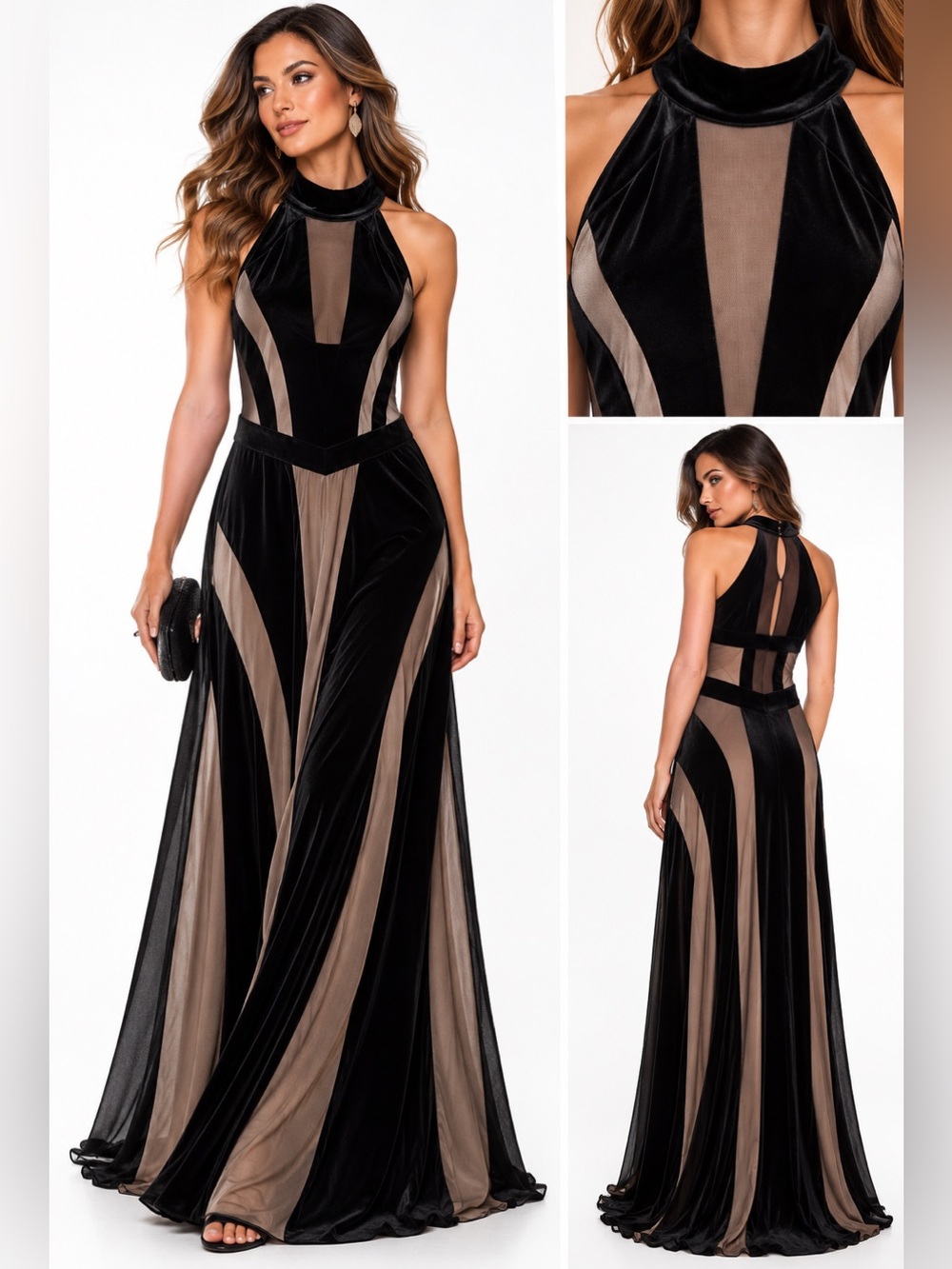 Lipsy London NWT Black Velvet Taupe Mesh Halter Maxi Gown US 8
